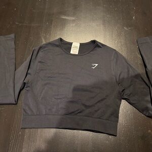 Gymshark Black Cropped Long Sleeve Athletic Top with Logo